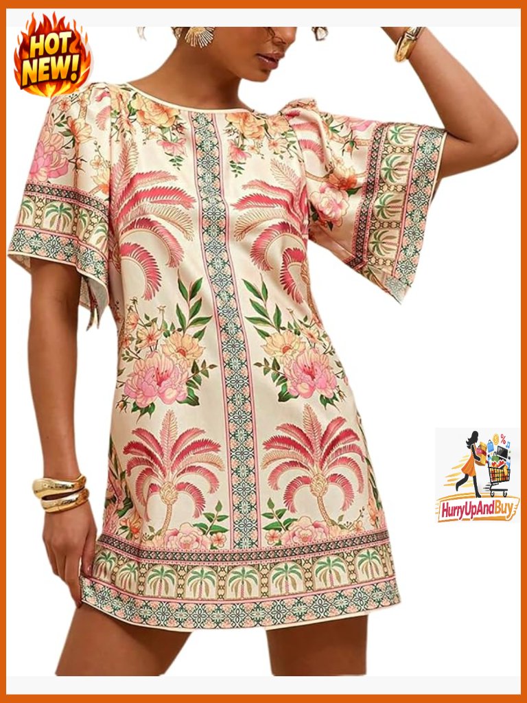 Flared Sleeves Floral Short Dress Crewneck Open Back A-Line Summer Casual